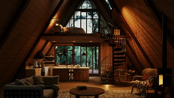 Warmly lit A-frame cabin interior featuring a black spiral staircase with built-in tread lighting, connecting the living area to a loft bedroom and creating a striking architectural focal point.