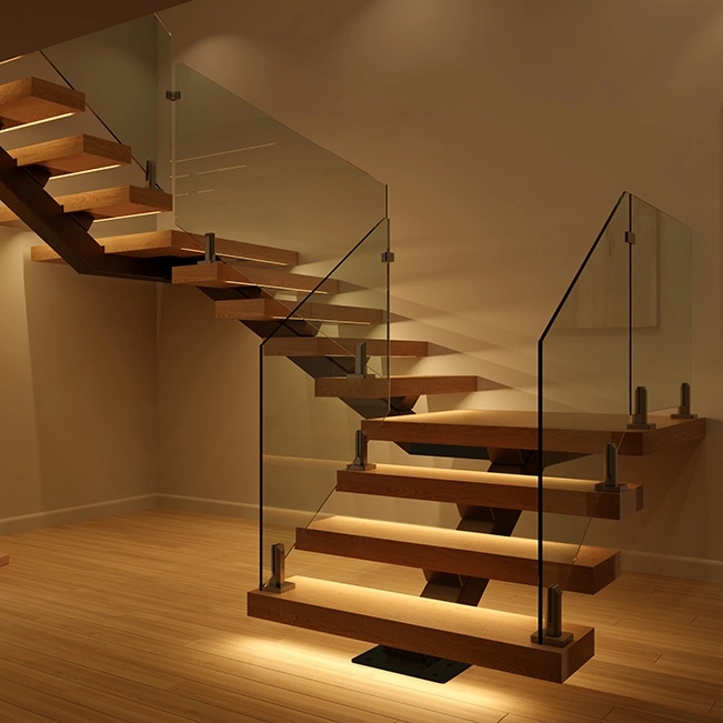 floating staircase with turn platform and glass railing