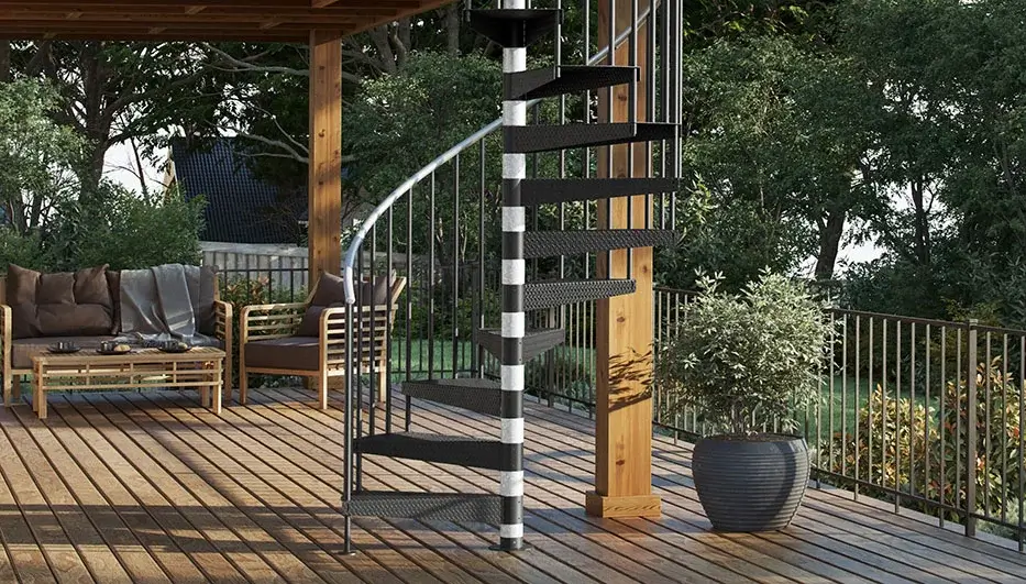 outdoor spiral stair with galvanized center column and weatherproof powder coated treads