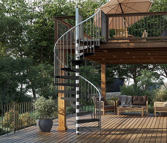 outdoor spiral stair with galvanized steel column and black powder coated treads for weatherproof finishes