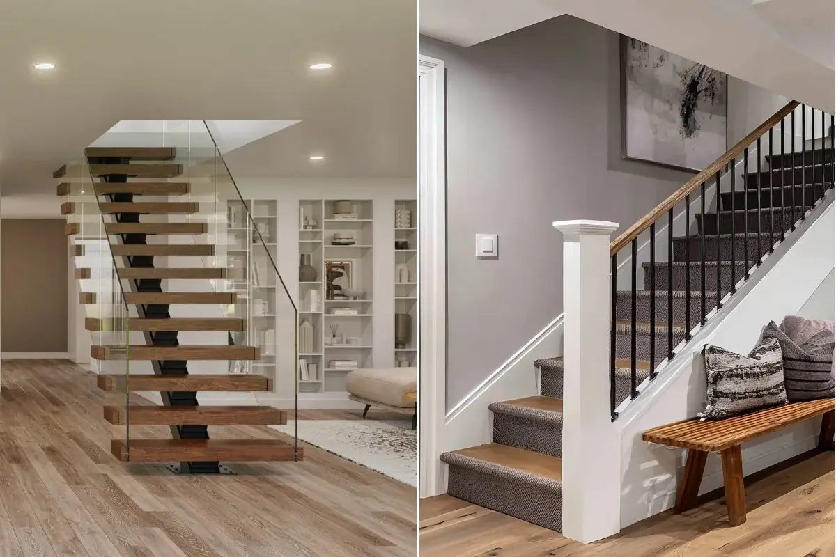 open concept floating stairs compared to traditional enclosed staircase layout