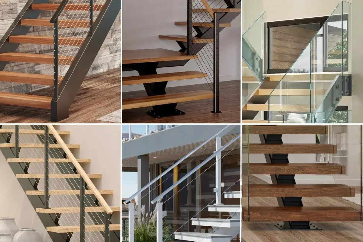modern floating staircase with wood treads and glass railing detail