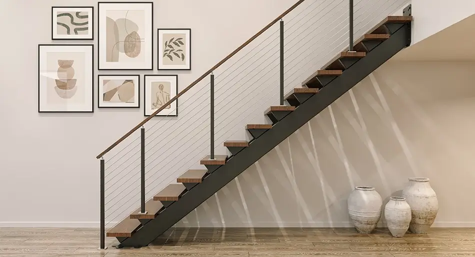 dual stringer floating staircase with dark wood treads