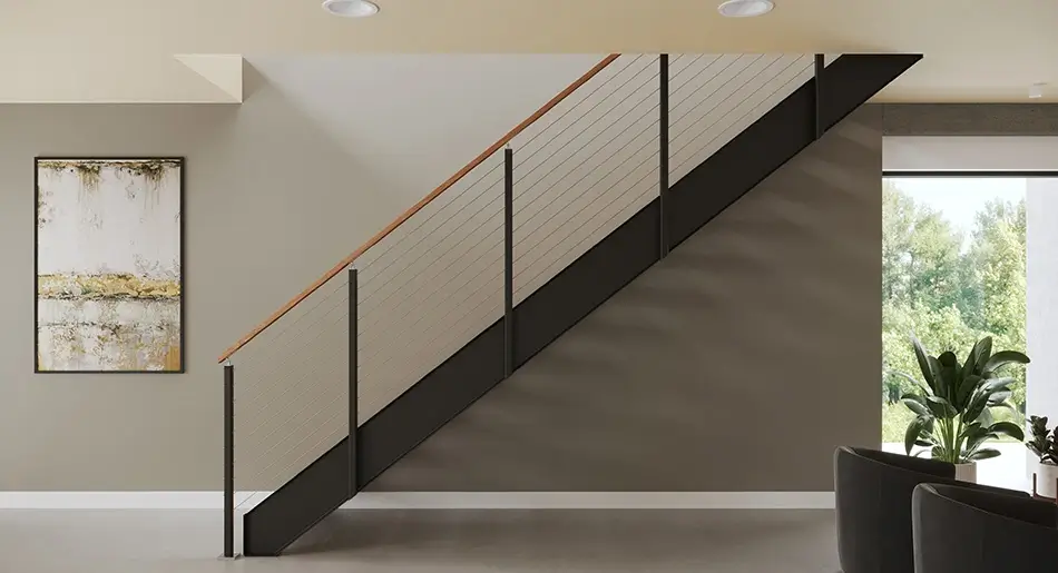 side stringer floating staircase in modern home with wood treads