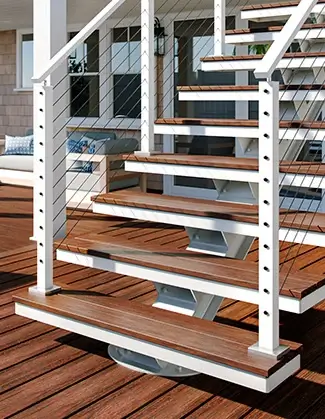 Outdoor floating staircase with aluminum structure and composite decking treads showcasing high-quality craftsmanship