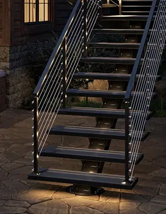 one of a kind outdoor floating stair with aluminum frame and custom tread lighting