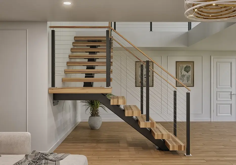 mono stringer floating staircase with a 90 degree turn platform