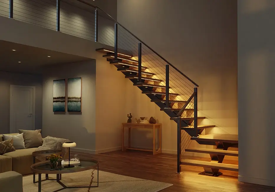 floating staircase with built in lighting and a turn platform