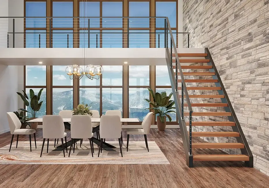 side stringer floating staircase from loft to dining area with large windows