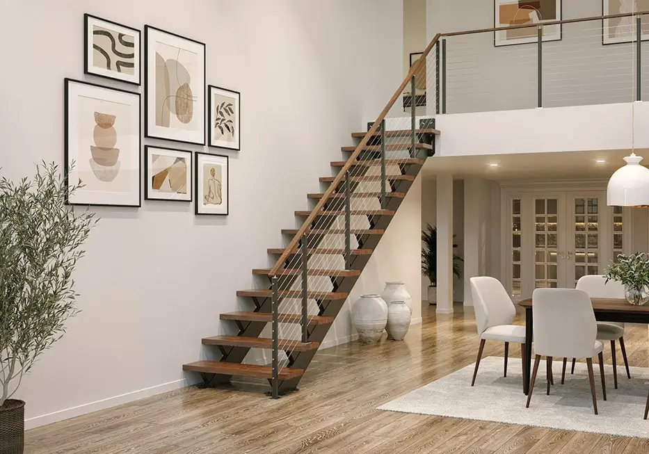 dual stringer floating staircase with dark wood treads