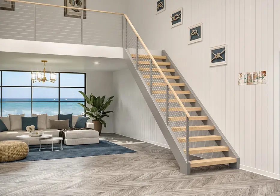 side stringer floating stair with cable rail in a coastal home