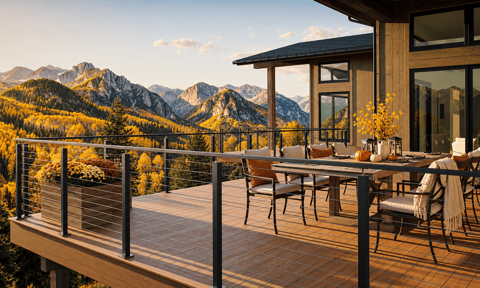 cable railing on deck in colorado in the fall with golden aspens in the background